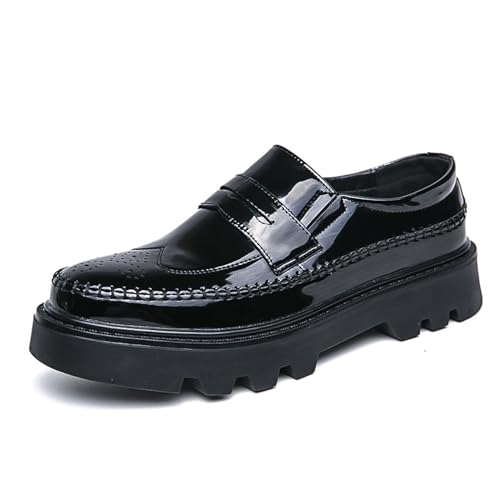 Men's Black Soft Patent Leather Chunky Platform Loafers, Fashionable British Style Brogue Business Casual Formal Shoes, Comfortable Non-Slip Lug Sole Slip-On Penny Loafers