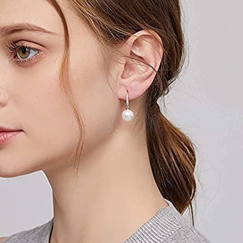 EPIRORA Sterling Silver Simulated Shell Pearl Hoop Earrings Cubic Zirconia Dangle Drop Earrings Jewelry for Women 10mm, Silver/Gold3