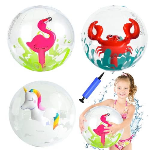 3 Pcs Pelota de Playa Hinchable Beach, Pelota de Playa 3D, Pelota de Playa con Bomba de Globo,...