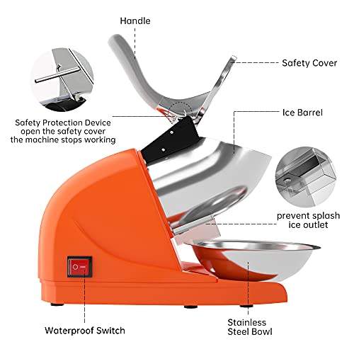 OKF Ice Shaver Prevent Splash Electric Three Blades Snow Cone Maker Stainless Steel Shaved Ice Machine 220lbs/hr Home and Commercial Ice Crushers (Orange) - Thumbnail 3