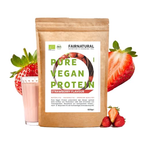 FAIRNATURAL Bio Veganes Proteinpulver Erdbeere [600G] - 5K Protein Pulver Laktosefrei & Vegan - Protein Powder - Pflanzliches Proteinpulver Regional aus DE - Proteinshake Vegan - Eiweißpulver