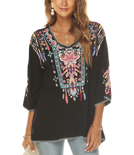 Women's Boho Mexican Embroidered Tops For Women 3/4 Sleeve Shirts Peasant Casual Loose Summer Fall Tunics Blouse (Black, Large) #TOP4
