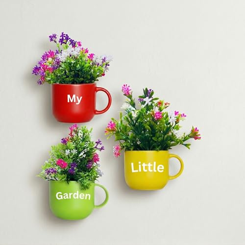 Image of Dekorly Wall Hanging Mug Planters with Artificial Flowers (20CM) - Decorative Hanging Cups, Colorful Floral Wall Decor for Living Room Bedroom Balcony Office Gift Set (3, My Little Garden)