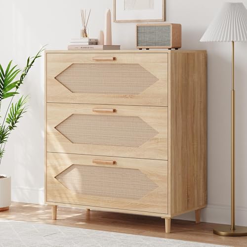 Dressers for Bedroom, 3 Drawer Rattan Dresser with Spacious Storage, Modern Wood Chest of Drawers, Rustic Oak Wooden Nightstand for Bedroom, Living Ro