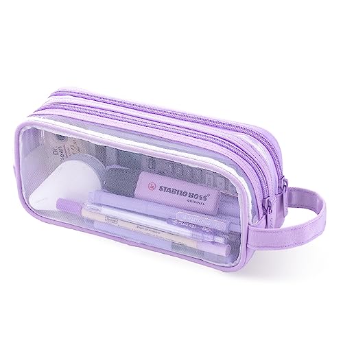 Image of Oyachic Mesh Pencil Case,Clear Grid Pen Bag,2 Compartment Pencil Pouch,Pen Case Organizer Zipper Transparent Makeup Bag for Business Travel Office