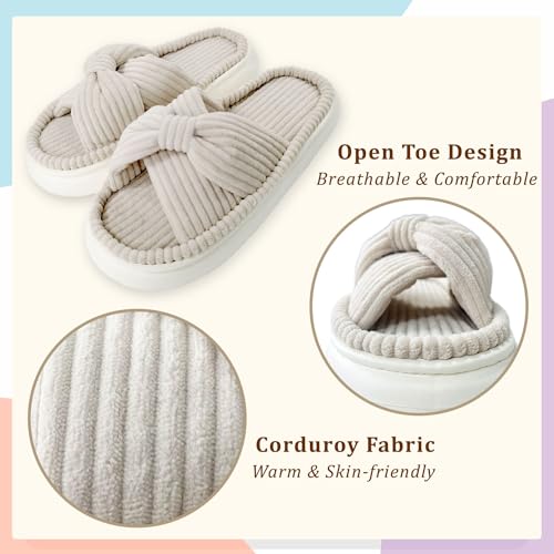 Women's Bow Cross Band Corduroy Open Toe Memory Foam Slippers for Bedroom Indoor Outdoor4