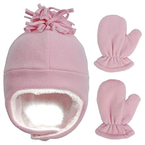 DCUTERQ Baby Winter Hats and Mittens Set for Boys Girls Sherpa Lined Warm Fleece Pilot Infant Toddler Hat Mitten Set Beanie Caps Gloves Pink 1-18 Months Cover