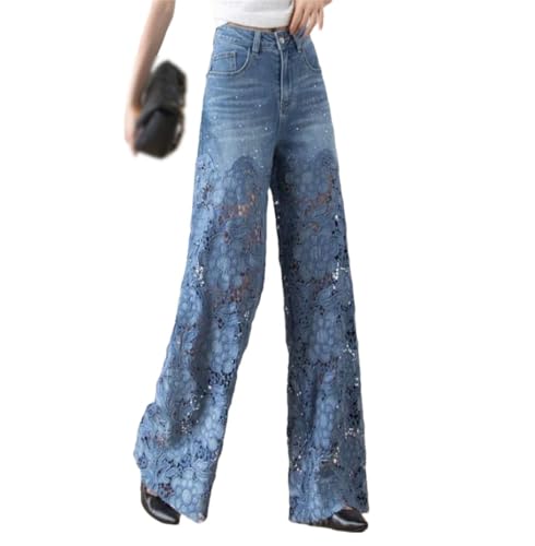 Women's Lace Embroidery Hollow Out Jeans Summer Slim-Fit Straight Denim Long Pants