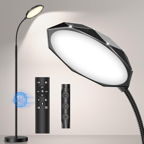 Image of Floor Lamp, 18W Bright LED Floor Lamps for Living Room with Diamond-Surface, Stepless Adjustable Colors & Dimmer Standing Lamp with Timer, Remote & Touch Control, Reading Lights for Bedroom, Office
