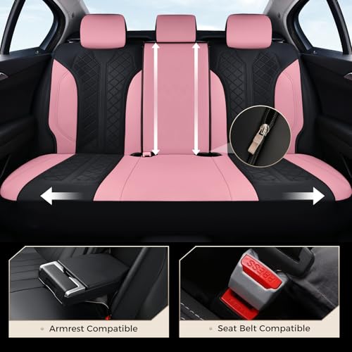 Image of Coverado Automotive Seat Covers Full Set, Luxury Car Seat Covers, Leather Seat Covers, Mesh Design, Pink Driver Seat Protectors, Universal Fit for SUVs, Trucks, Sedans