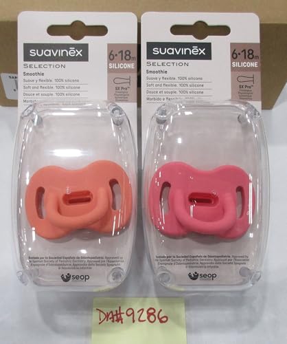Image of Color Essence SX PRO Silicone Baby Pacifier 2Pk, Made with 100% Soft Silicone, Baby Essentials Perfect for Breastfeeding Babies, Designed in Spain, 6-18 Mths, Fuschia /Peach