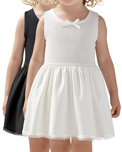 Toulite 2 Pcs Girls Slips for Under Dresses White and Black Full Slip for Kids Knee Length Cami Slip Lace Trim