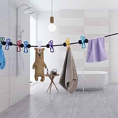 Portable Clothesline with 12 Colorful Clothespins, Windproof Travel Clothesline Stretchy Retractable Elastic Laundry Clothes Line for Backyard, Vacation Hotel, Balcony and Indoor Use