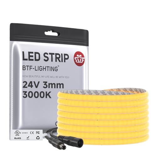 Image of BTF-LIGHTING 3mm Width Ultra Thin FCOB COB LED Strip,UL Listed Warm White 3000K Super Narrow Uniform Light,16.4FT DC24V CRI90+ LED Tape Light for Home Indoor DIY Lighting(No Adapter or Controller)