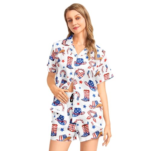Image of Funny Pajamas for Women Set Print Satin Loungewear Pjs Short Sleeve Button Down Top and Shorts Sets Sleepwear XS-3XL