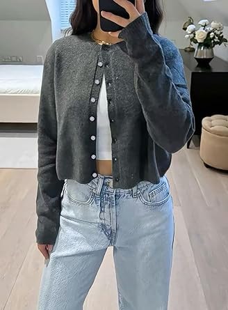 Image of Faretumiya Women Y2k Button Down Crop Sweater Cardigan Long Sleeve Open Front Crewneck Cardigan Cute Knit Pullover Tops