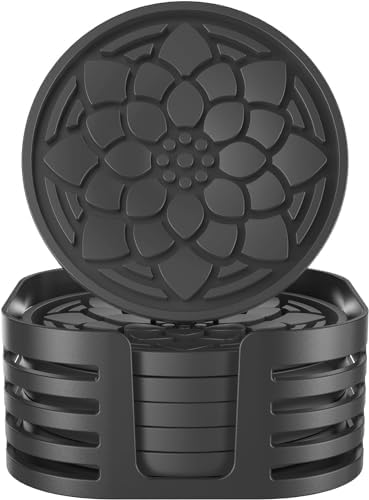 Silicone Coasters Set of 6 with Holder, Silicone Cup Holder Coasters, Hot or Cold, Coaster for Desk Home Decor Tabletop Protection Non-Slip and Non-Stick, Round Black