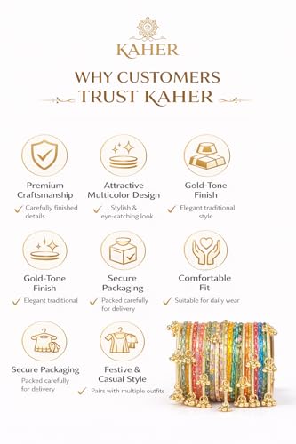 Image of Kaher Kashmiri Glass Bangle with gunghro Set for Women| Traditional, Fancy Glass Chudi Set for Festival, Wedding, and Party (Set Of 16)