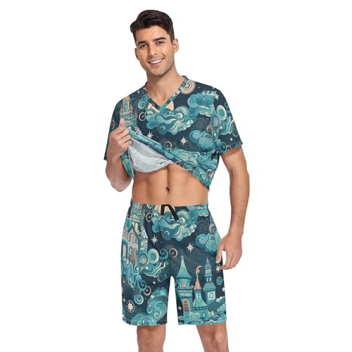 Magic Castle Night Sky Cloud Star Fairytale Pattern Men's Pajama Sets Sleepwear Short Sleeve Lounge Sets for Men S-2XL3