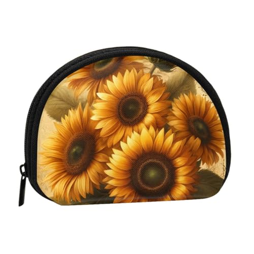 Portable Coin Purse Vintage-Sunflower Mini Zippered Money Pouch Card Holder
