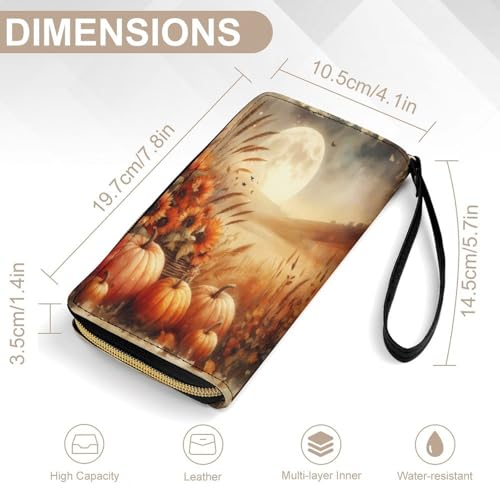 Fall Pumpkin Sunflower Full Moon Women's Wallet Wristlet Zipper Purse with Hand Strap Travel Credit Card Holder for Daily Use Gifts2