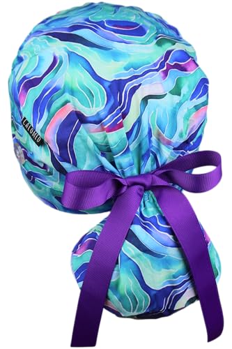 Image of Scrub Cap for Women and Men, Ponytail Scrub Caps, Working Hat, Head Cover with Ribbon Ties and Buttons, Long Hair