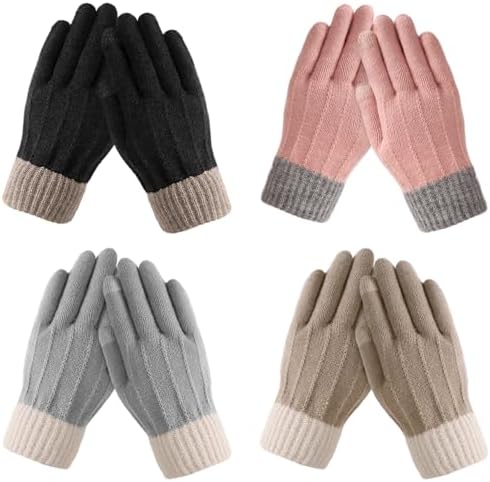 Tavaleu 4 Pairs Winter Gloves Women - Warm Soft Touchscreen Gloves for Women, 4 Pairs Mittens for Womens Warm Fleece Lined Knit Elastic Cuff