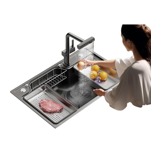 AYCDL Fregadero de cocina de acero inoxidable con grifo de cascada multifunción, cuenco individual de 29.5 pulgadas, 2 agujeros, lavavajillas empotrado, incluye múltiples accesorios, 78 x 50 x 22 cm