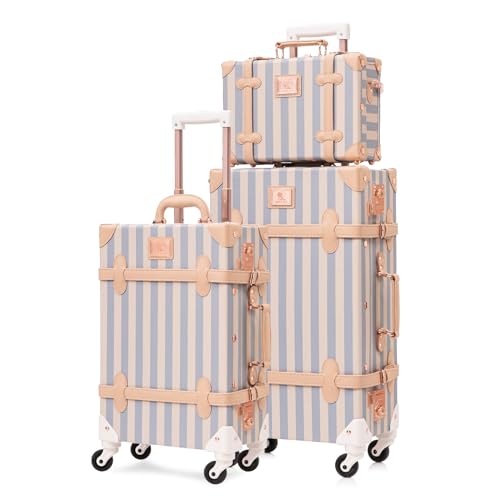 UNIWALKER Vintage Suitcase Set, 3 Piece Retro Spinner Trunk, TSA-Approved Travel Luggage with Cosmetic Train Case for Women, Blue Strip, 26"+20"+12"