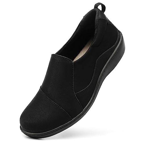 Hueneph Women's Comfort Black Leather Loafers Cute Casual Slip On Lightweight Walking Flats Everyday...