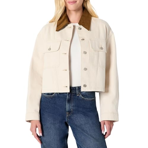 Amazon Essentials Women's Oversized-Fit Cropped Denim Jacket with Contrast Collar, Ecru, Medium