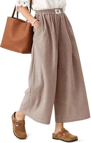 Image of TARSE Women Wide Leg Capri Pants Loose Gingham Plaid Culottes Summer Elastic Waist Palazzo Trousers Bottoms with Pockets