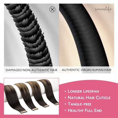 Image of WENNALIFE Tape in Hair Extensions Human Hair Dark Brown to Chestnut Brown and Dirty Blonde Highlighted Tape in Extensions, 10pcs 25g 14 inch Remy Invisible Tape Ins Straight Colored Soft Refill Set