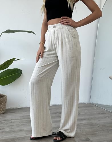 Women's Linen Pants Summer Striped Wide Straight Leg High Waist Beach Vacation Dressy Business Casual Trouser2