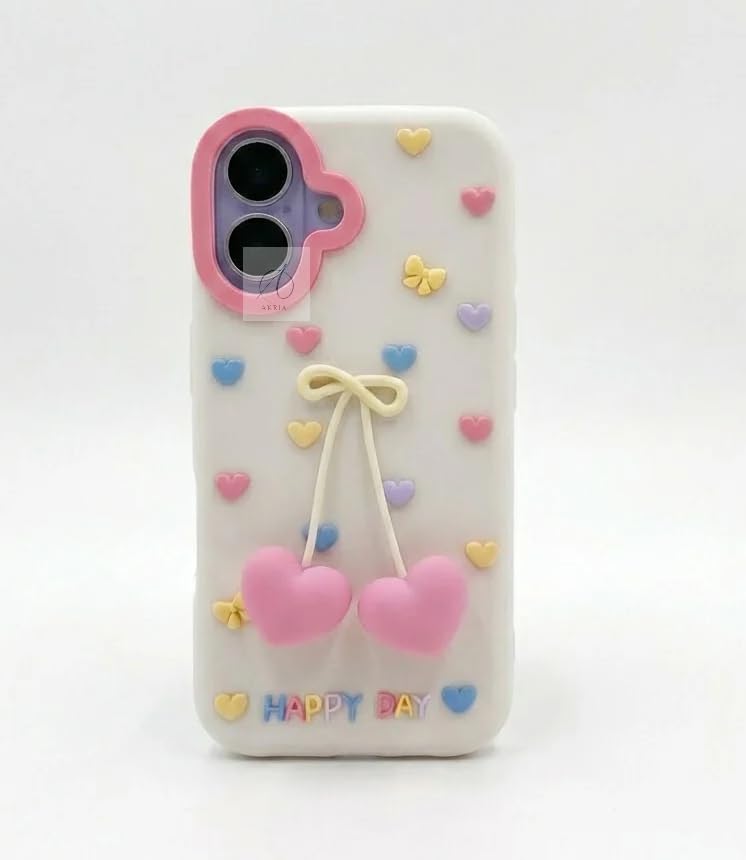 Image of Cute 3D Cherry Heart Charm Phone Case for iPhone 17 Soft Silicone Protective Cover with Pastel Hearts and Bow Design Girls Case for iPhone 17