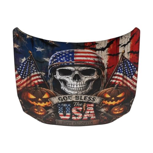 Image of Car Hood Cover Protector Waterproof Auto Hood Wrap Blankets Halloween Decorations Auto Patriotic Decorative Accessories for Sedans SUVs Pickup Trucks (American Flag Skull Design)