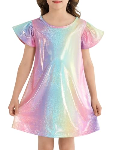 Girls Party Dress Metallic Shiny Sparkly Colorful Flutter Sleeve Swing Midi Prom Dress