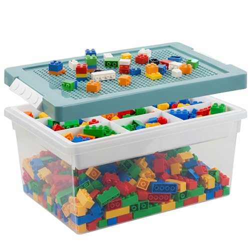 Ziyonix Caixa de armazenamento para lego, blocos de plástico construção crianças armazenamento com tampa e compartimentos empilháveis brinquedos organizadores transparentes para peças