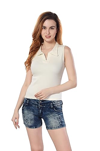 Image of TRASA Women's Sleeveless Rib Knitted Cotton Racer Back Tank Tops Collared Neck Crop Tank Tops - Available Sizes -XS, S, M,L,XL,2XL