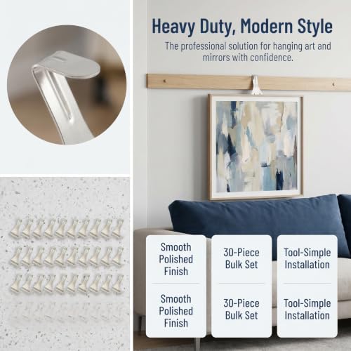 Image of 30-Pack Silver Picture Rail Hooks for Photo Frame Moulding Hanging | heavy duty load capacity, crown moulding compatible, art gallery display, adjustable wire hanging, rust-resistant finish
