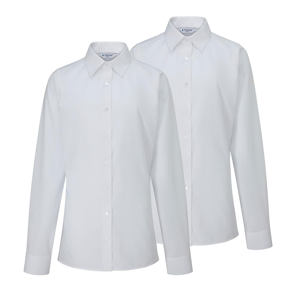 Trutex Basics - Paquete de 2 blusas escolares blancas de manga larga para niñas (3 a 16 años). Camisas escolares ajustadas, camisas blancas para niñas, blusas escolares fáciles de planchar - Uniforme