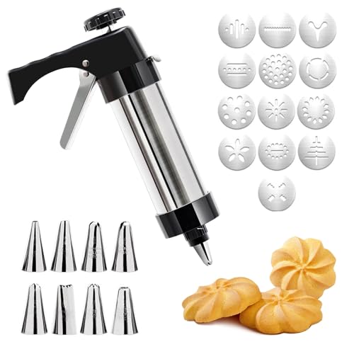 Prensa de Galletas de Acero Inoxidable, Máquina Galletas, Máquina para Hacer Churros, Cookie Press Gun Kit, Biscuit Maker con 13 Plantillas y 8 Boquillas para Crear Pasteles Decorativos y Galletas DIY