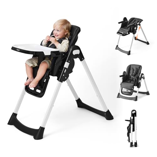 Image of Tinyiota 4 in 1 High Chair for Babies and Toddlers with Wheels, 8-Height Adjustable & 3-Position Recline, Easy Clean, Dishwasher Removable Tray, Foldable HighChair for Infant, Meets ASTM Safety, Black