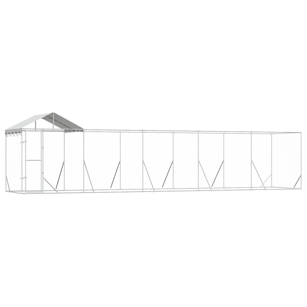 Zewnętrzna hodowla dla psów z dachem, 10 x 2 x 2,5 m, ocynkowana stal, dla psów, szczeniaków, zwierząt domowych, srebrna, odporna na warunki atmosferyczne, bezpieczny kojec dla królików i kaczek