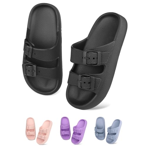 Trefidy Kids Cloud Slides Sandals Adjustable Buckle Beach Pool Water Shoes,Black,Little Kids Size 2.5