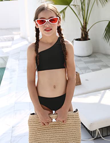 Image of DUSISHIDAN Girls Solid Color One Shoulder Bikini