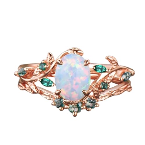 Personalized 1CT White Opal Engagement Ring Set for Women, 10K 14K 18K Solid Gold Leaf Vine Art Deco Wedding Ring Sets Bridal Promise Rings Gift for Her Bride Wife Mother