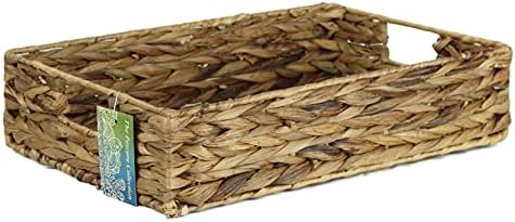 Shallow Rectangular Water Hyacinth baskets. Natural baskets light colour and with grey edges. Open trays for storage of paper, toys or books and magazines (37cm, Grey Edge)