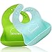 LOPE & NG Silicone Feeding Bib (Light Green/Light Blue) - Adjustable Snaps Soft Baby Bibs for Infants and Toddlers with Food Catcher Pocket Set of 2