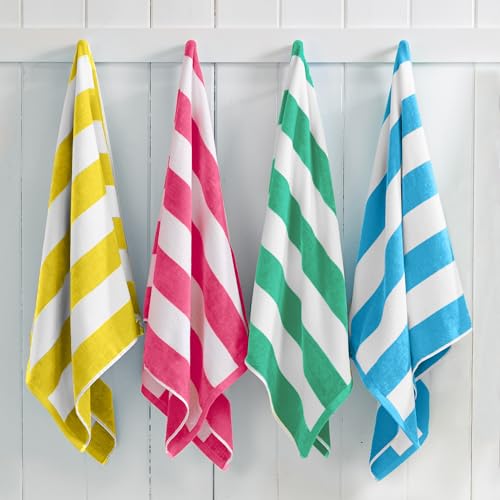 Great Bay Home 100% Cotton Velour 4 Pack Beach Towels 30" x 60" - Cabana Stripe Pool Towels - Quick Dry, Large Swim Towel (Multi - Air Blue, Yellow, Teal, Pink)